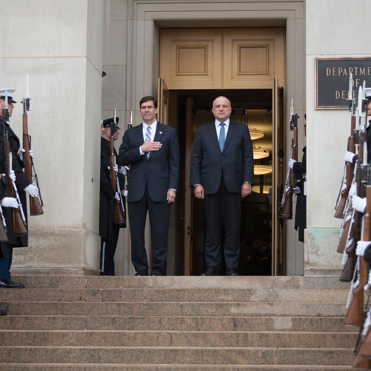 EsperDoD's tweet photo. Proud to host a productive meeting today with @MoD_Estonia Minister Jüri Luik at the Pentagon on security concerns including deterring Russian aggression, Chinese 5G and @NATO readiness. #StrongerTogether https://t.co/9KBFCQZojo