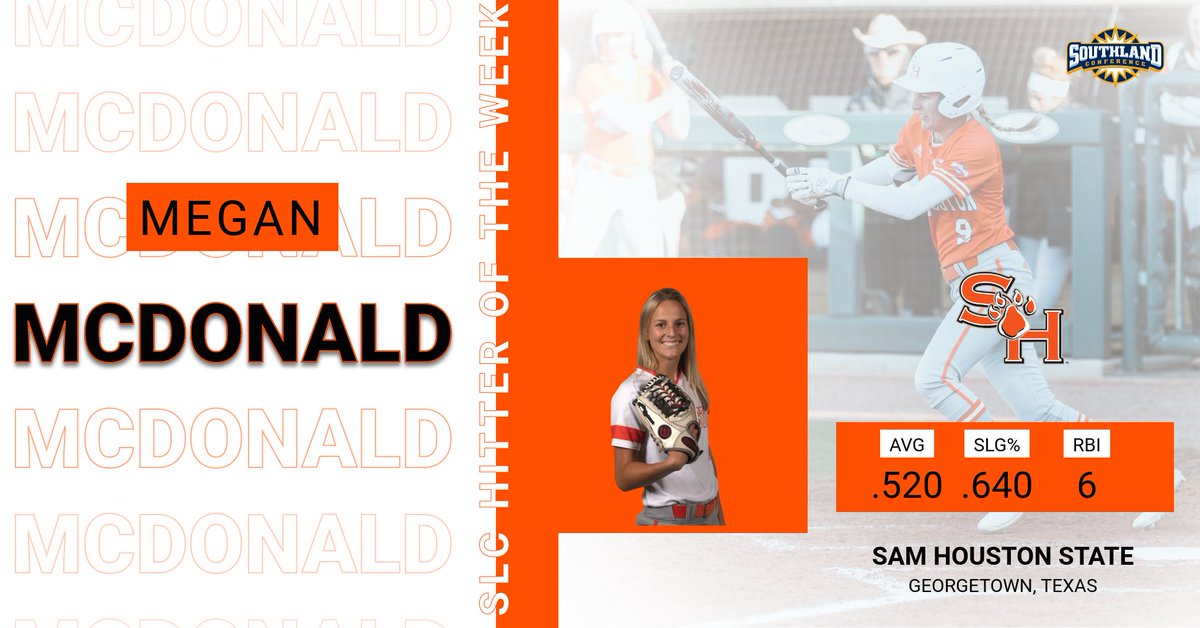 BearkatsSB's tweet photo. 6️⃣ games, a .520 batting average, .640 slugging % and 6️⃣ RBI in the leadoff spot. Yeah, we think that is worthy of @SouthlandSports 🥎 Hitter of the Week as well. Way to go Megan! #EatEmUpKats

💻 https://t.co/6zafiEADbE https://t.co/AEf19FfCAf