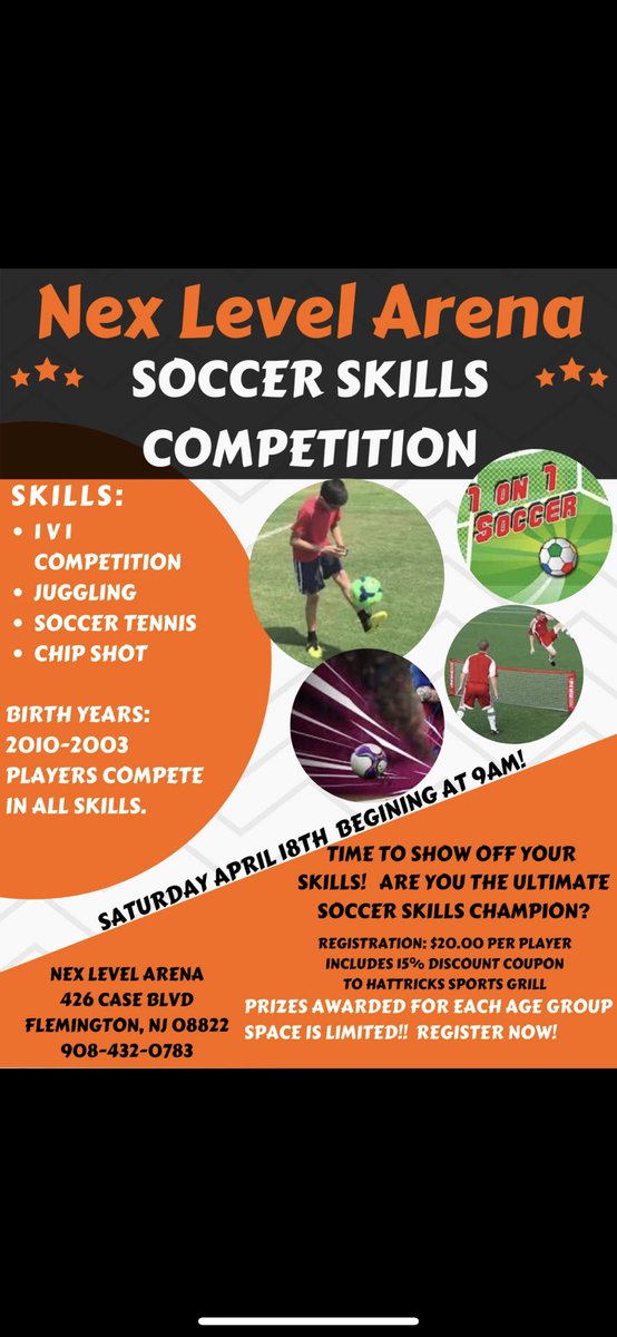 nexlevelarena's tweet photo. 🚨NEW EVENT! TEST YOUR SKILLS!🚨
Nex Level Arena is proud to announce the inaugural Soccer Skills Competition to be held on Saturday, April 18, 2020.
MORE INFORMATION/ SIGNUP@
https://t.co/nx6UBgchSA
OR
https://t.co/RB8ncVdFEa https://t.co/MBqNvhma94