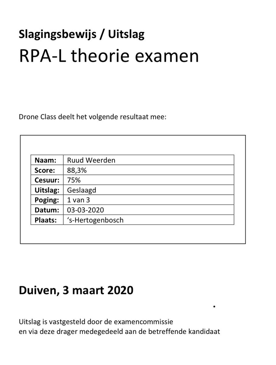 elrudio's tweet photo. Een volgende stap gemaakt in mijn drone droom. De theorie van RPA-L is ook binnen. Nu naar het praktijk ondernemen #droneclass @svangeffen https://t.co/MZbH2u8MAS