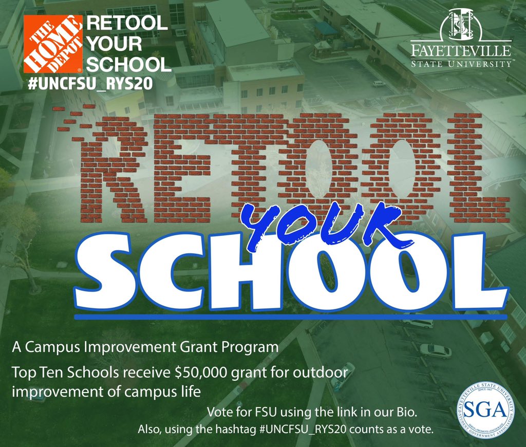 FayStateSGA's tweet photo. Retool Your School has arrived. This is a grant that the school can receive but we have to vote first. Make sure to use the link in the bio and hashtag to vote. And look forward to events to come out and help our university. #uncfsu_rys20 https://t.co/D31UzvbT4r