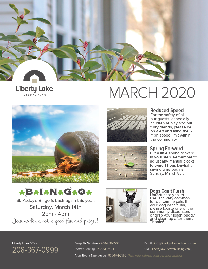 libertylakeapts's tweet photo. It's your truly, madly, March news!

#newsletter #LLnews #communitynews #thebuzz #StPaddys #daylightsavings #bingo #LibertyLakeApartments #March #giveitaread #comingup #Boiseevents #Boiseliving https://t.co/HhsSzsm1pW
