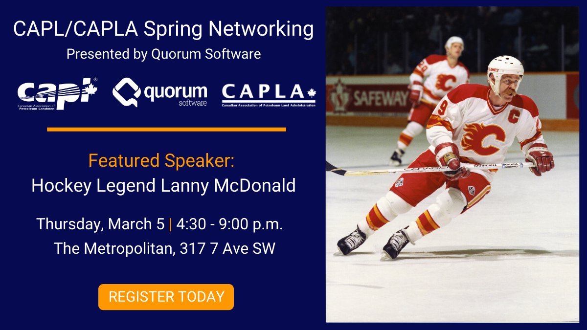 CAPLACanada's tweet photo. Join us this Thursday night to network with your colleagues &amp; meet Lanny Macdonald!  Lanny will be available for autographs and photos in case people want to bring their Flames gear.  Register here: https://t.co/9Np59y4CjJ @quorumenergy @CAPLCanadian https://t.co/XKcAThIdNJ