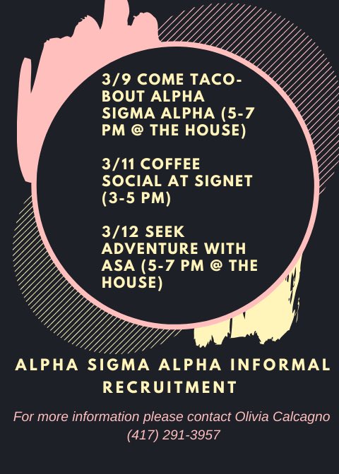 Interested in learning more about our chapter? Join us next week for our informal recruitment events! If you have any questions or would like more information please contact the number on the flyer🤩