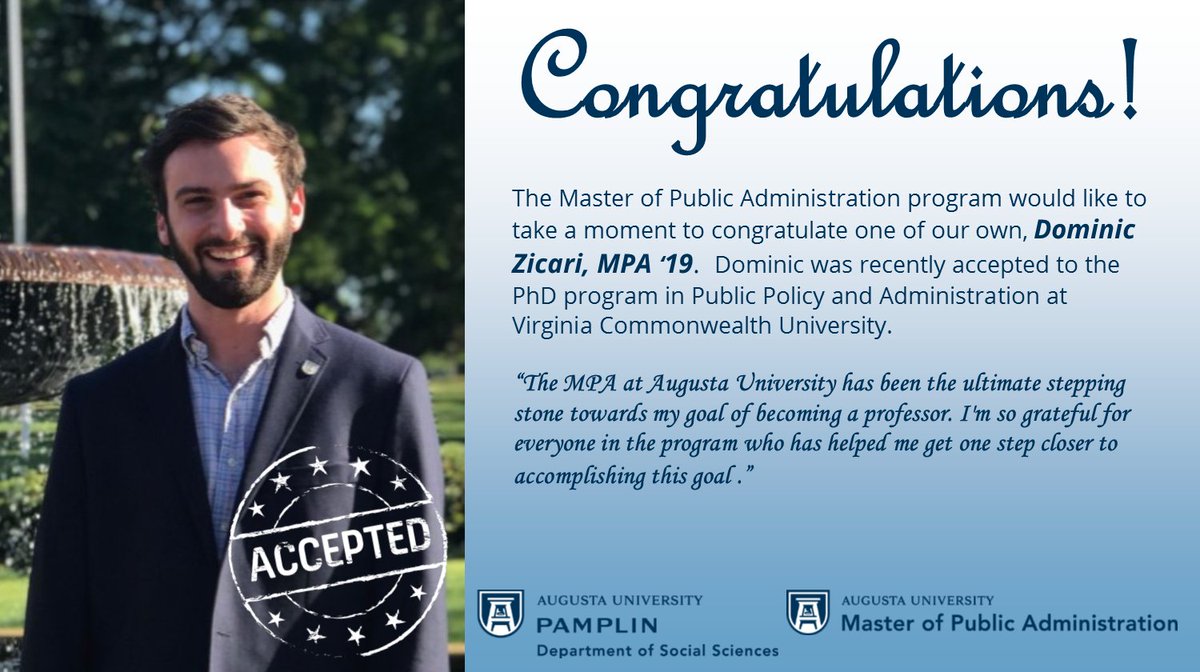 aug_mpa's tweet photo. Congratulations to Dominic Zicari for his Ph.D. Acceptance! We love seeing what our MPA students and alumni accomplish!

#transformingcommunities #MPAwarrior #GoPublicService @aug_mpa @AUG_Pamplin @AUG_SocSci #StrongerTogether #MPANews @AUG_Alumni https://t.co/3JXIo2FnDH