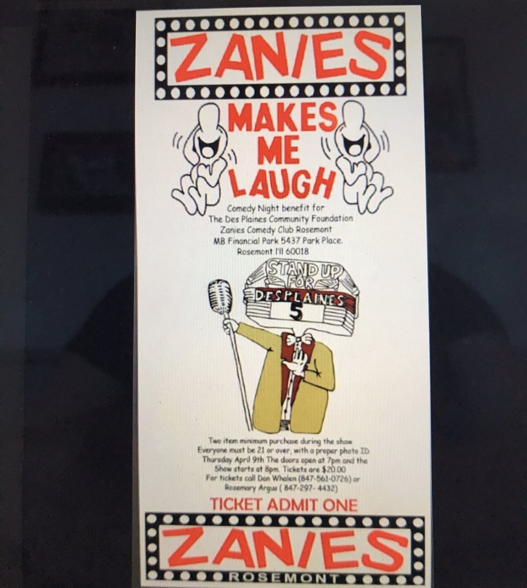 plaines_des's tweet photo. April 9th, Standup for Des Plaines will be held at Zanies Comedy Club in Rosemont, IL. Raising money for those in need. Tickets only $20.  21 or older with a proper ID. The show starts at 8 p.m. For tickets call Rosemary Argus 847-525-5566 or Dan Whalen 847-561-0726. https://t.co/xeHKK2nBKo