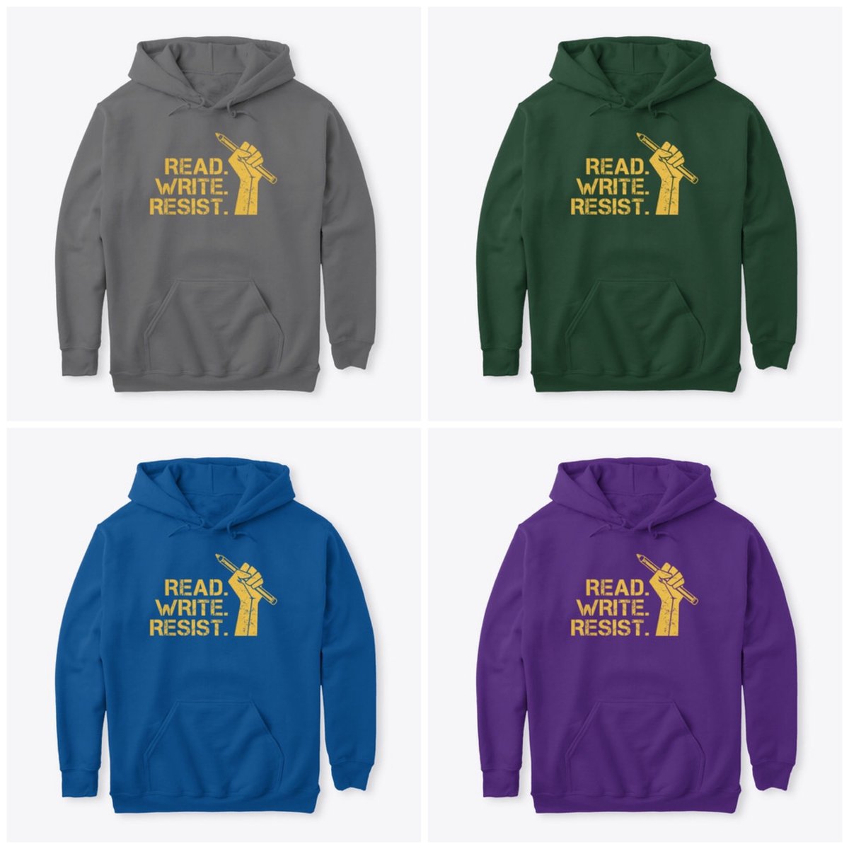 acrossthemargin's tweet photo. Across The Margin's Read Write Resist hoodies are now available at our online shop — in a variety of dazzling colors! https://t.co/52cx7KWmZ4 #Read #Write #Resist #ReadWriteResist #AcrossTheMargin https://t.co/alE1dXgAsP