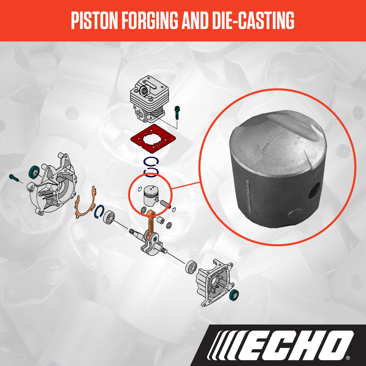 ECHO_USA's tweet photo. ECHO manufactures over 1.5 million pistons every year. This process, from die casting to forging, are done in-house using proprietary manufacturing techniques.  These pistons are manufactured with an arrow on the top of the piston to insure properly assembly into the cylinder. https://t.co/vQeLSEPDTQ