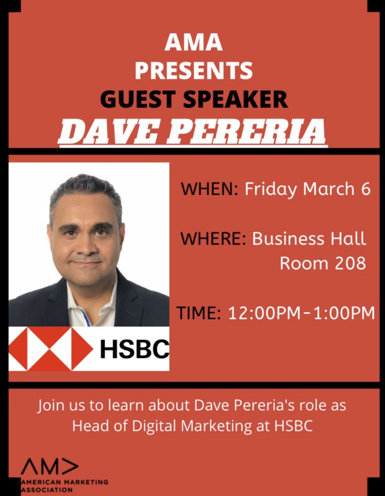 RowanAMA's tweet image. Join us this Friday at 12 in the Business Hall room 208 to learn all about what David Pereria’s role entails as head of digital marketing for HSBC!!