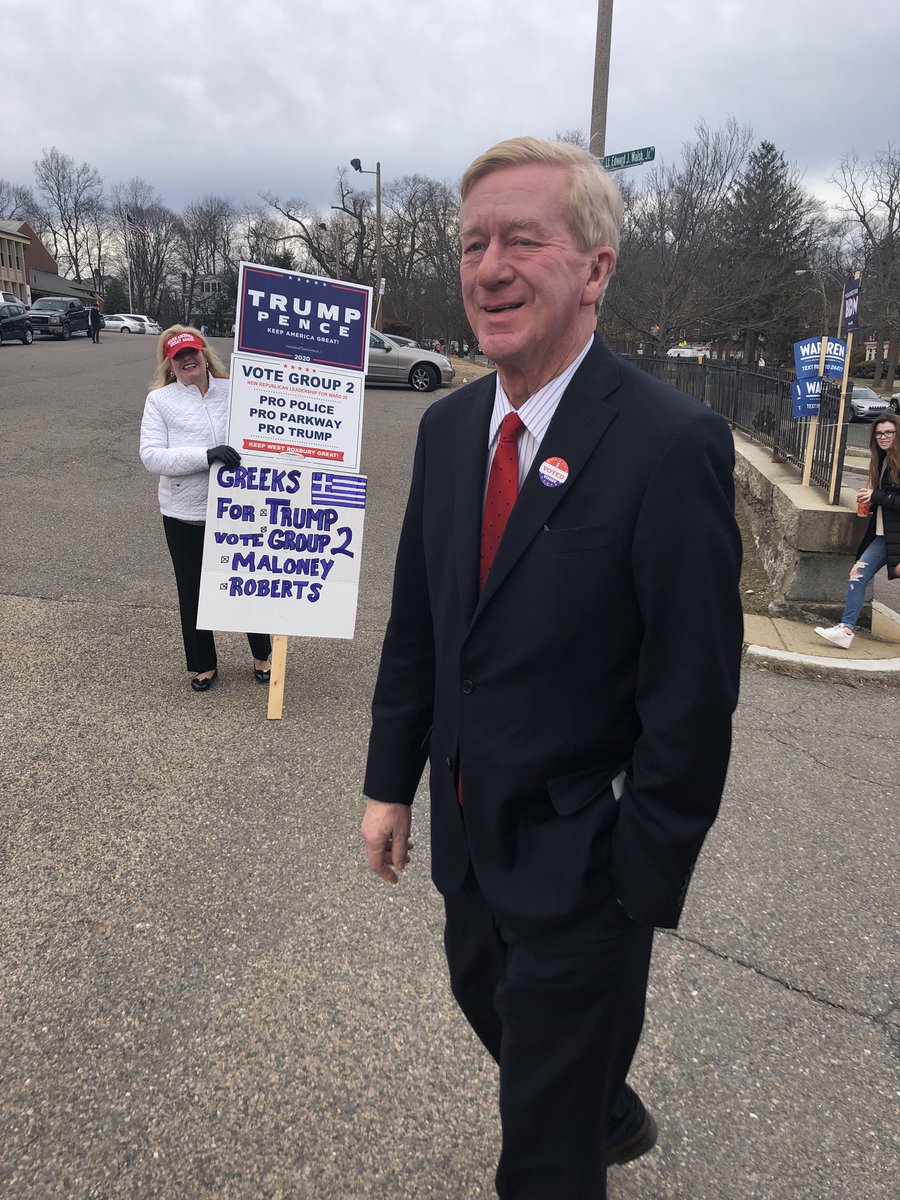 ReganComm's tweet photo. Last polling site stop of the day in West Roxbury, where @GovBillWeld met voters and encountered supporters of his opponent @realDonaldTrump. Though they’re not on his side the Governor took time to engage with each individual regardless of allegiance, a mark of a true leader! https://t.co/apsKXnxsv6