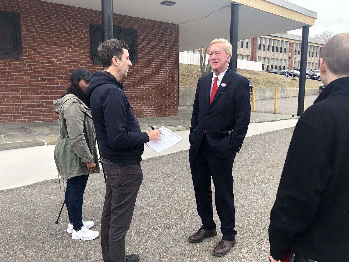 ReganComm's tweet photo. Last polling site stop of the day in West Roxbury, where @GovBillWeld met voters and encountered supporters of his opponent @realDonaldTrump. Though they’re not on his side the Governor took time to engage with each individual regardless of allegiance, a mark of a true leader! https://t.co/apsKXnxsv6