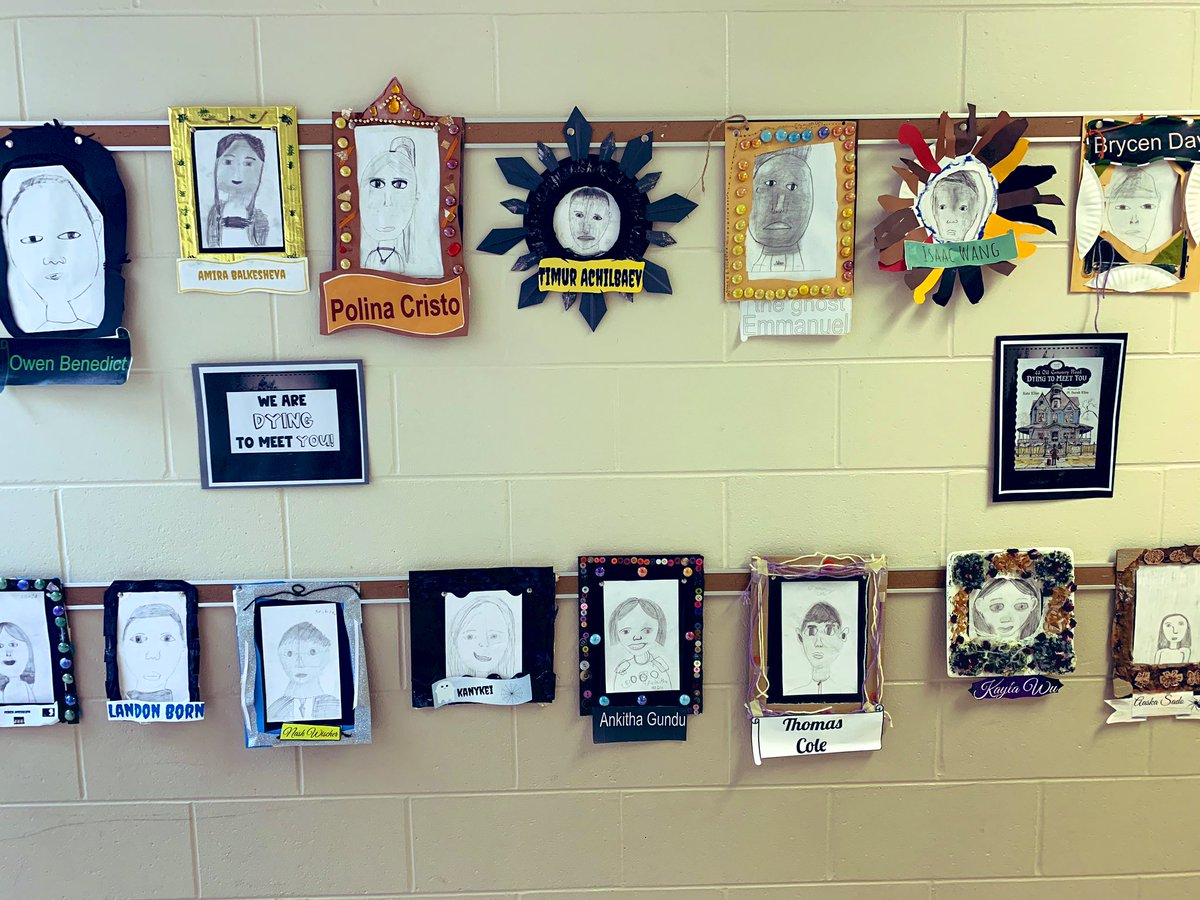 2 more sleeps! Our third graders are DYING to meet <a href="/kateklise/">kateklise</a> and <a href="/SarahKlise/">Mary Sarah Klise</a> ! Students made victorian style portrait frames that match the 43 Old Cemetery Road Mansion.