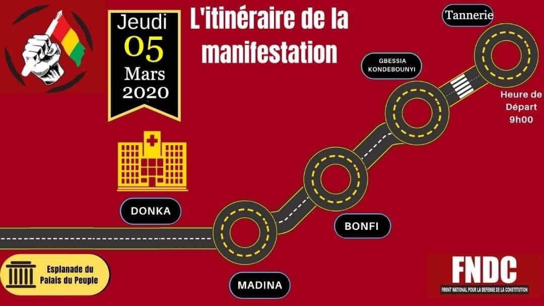 Vous êtes contre une présidence à vie pour <a href="/President_GN/">Alpha CONDÉ</a>, vous exigez un fichier représentatif du corps électoral de notre pays, vous vous battez pour l’indépendance réelle de la Guinée, 
Alors sortez et participez à la marche de ce jeudi 05 mars selon l’itinéraire ci dessous.