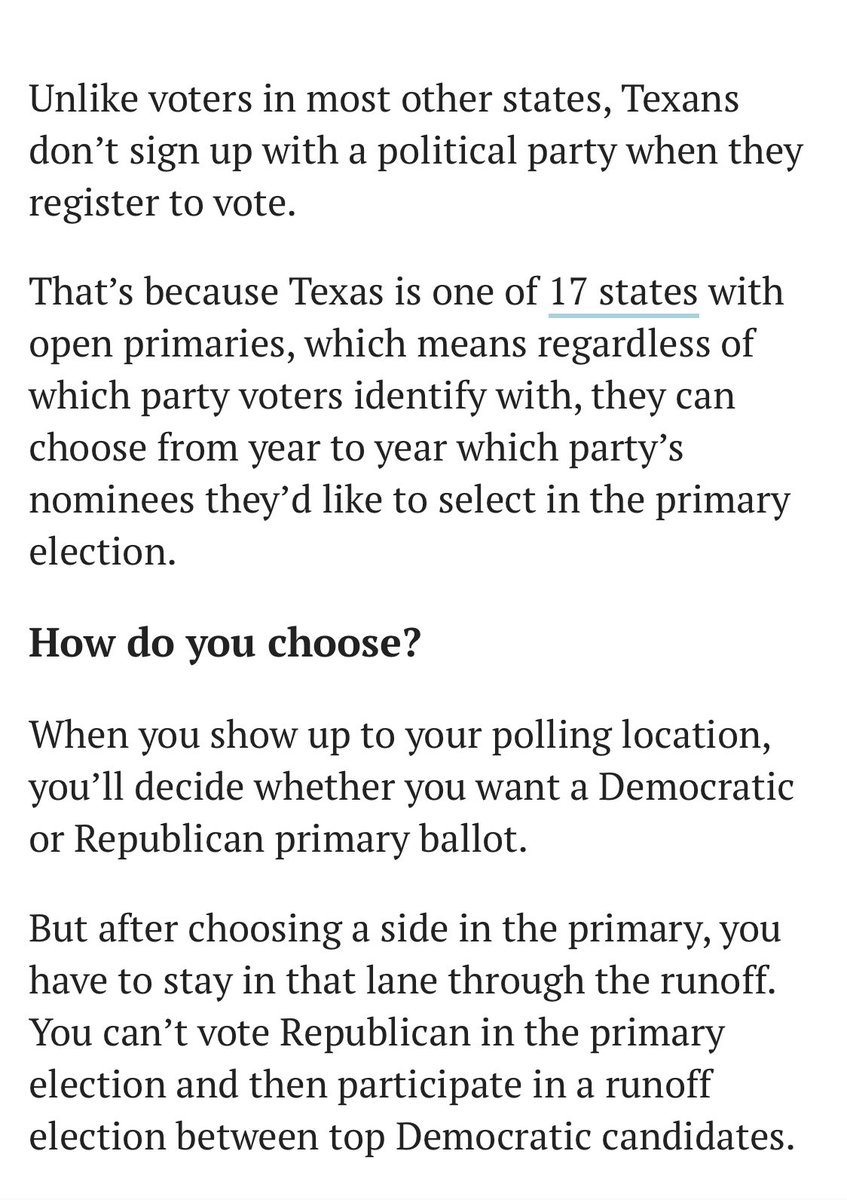 Here’s more background on how the voting process works in states that hold “open” primaries and don’t tie party affiliation to voter registration.  https://www.texastribune.org/2020/02/28/texas-open-primaries-republican-democrat-vote/