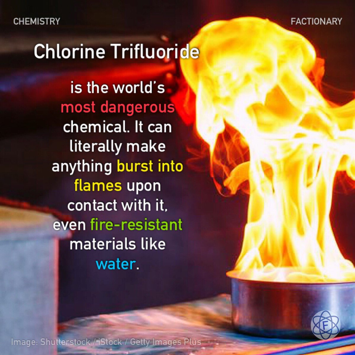 TFactionary's tweet photo. Chlorine trifluoride (ClF3) is the world’s most dangerous chemical. It can literally make anything burst into flames upon contact with it, even fire-resistant materials like water.

#chemistry #chlorinetrifluoride #ClF3 #dangerous #chemical #ignition #facts #Factionary https://t.co/EUV6yYxBm9