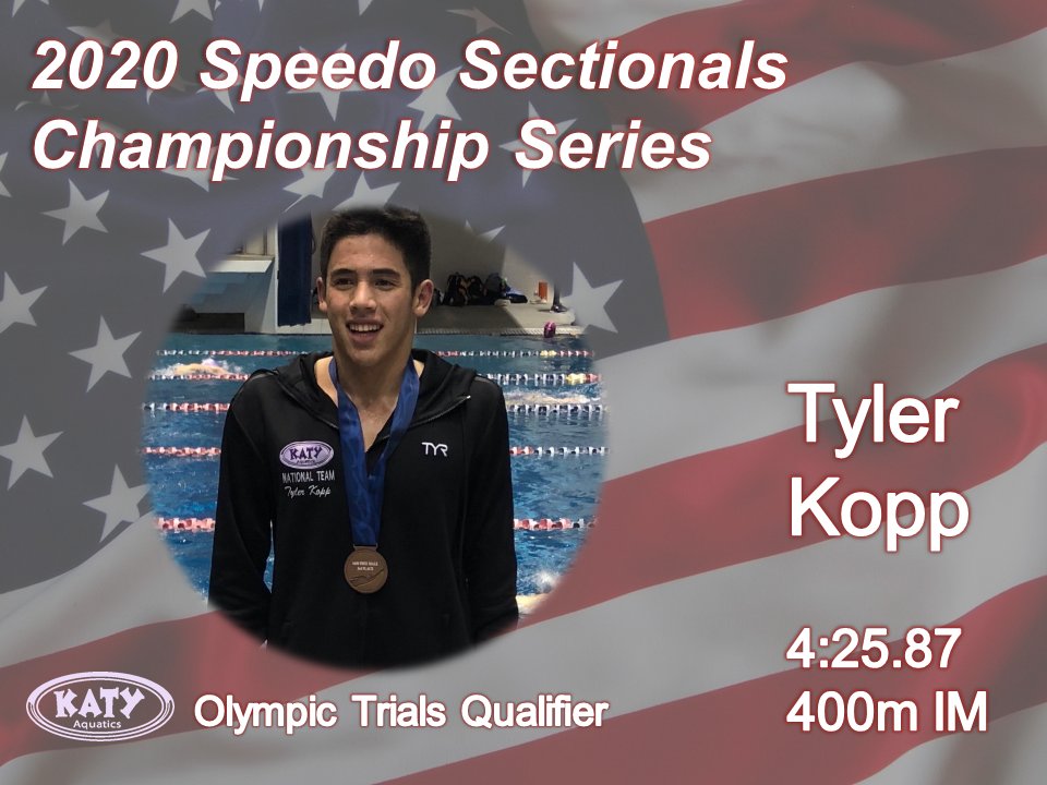 Katy Aquatics would like to Congratulate Tyler Kopp as he qualified for the 2020 Olympic Trials this past weekend! Tyler swam an incredible 400m IM with a time of 4:25.87 at the Speedo Sectionals Championship Series - See you in Omaha! #WeAreKatyAquatics #OlympicTrials #Tokyo2020
