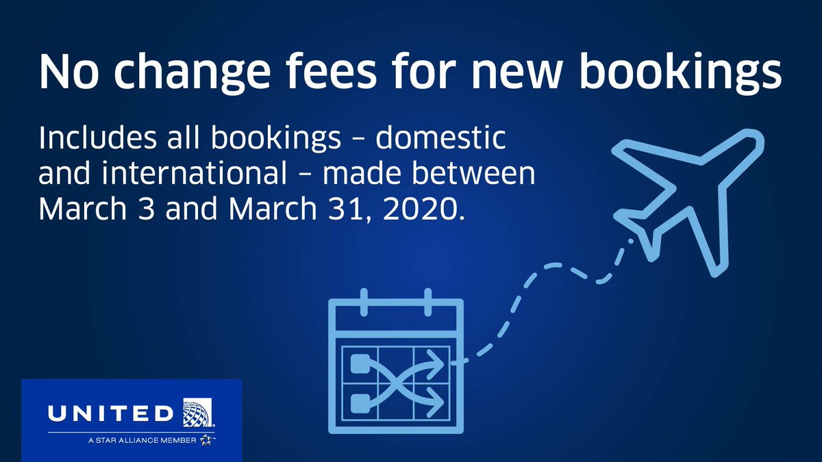 Book with flexibility: we’re waiving change fees for any bookings - domestic & international - made between March 3 and March 31, 2020. This applies to all tickets, fare types, destinations, points-of-sale and travel dates available for sale. Learn more: uafly.co/2vmnkSk