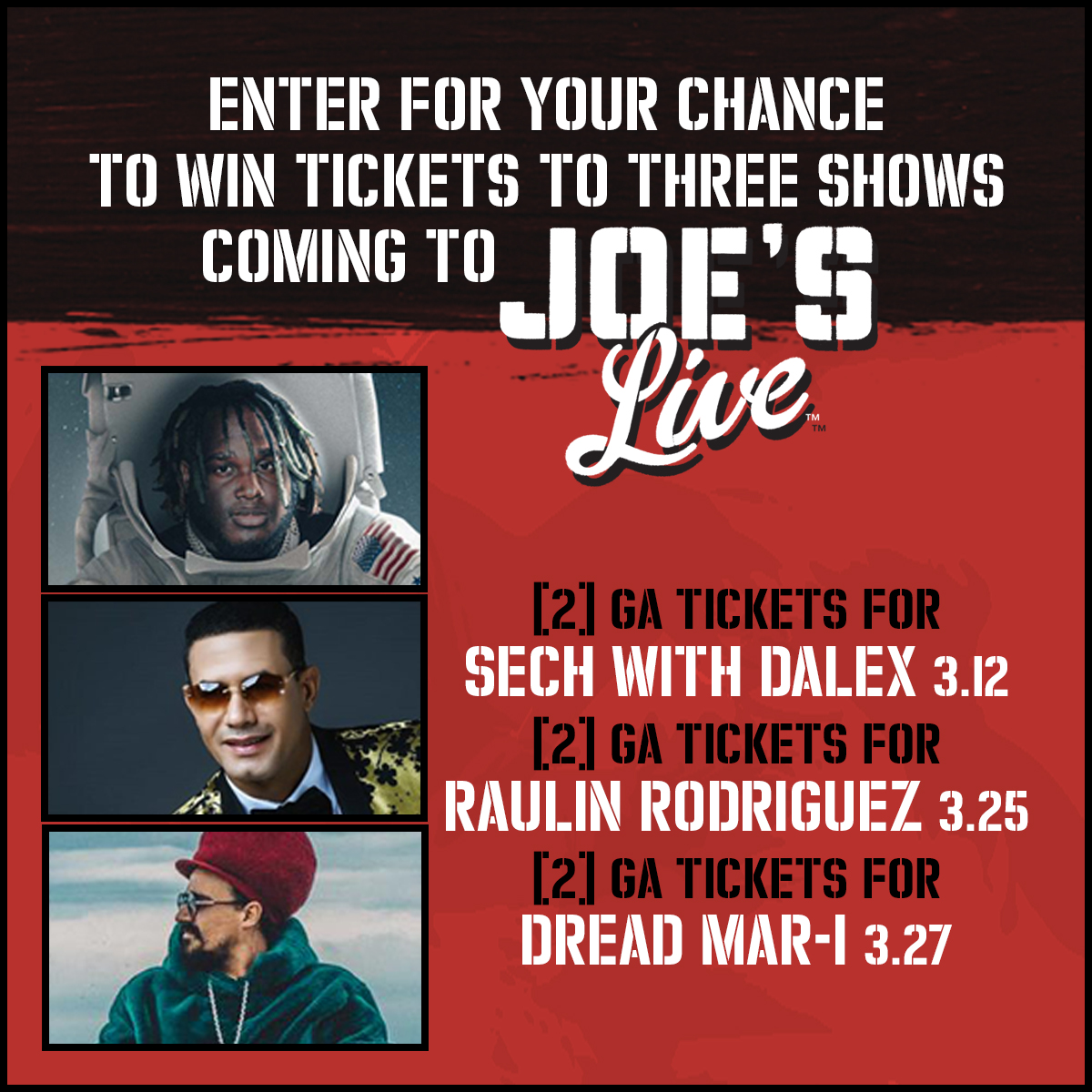 JoesRosemont's tweet photo. 🎇 ENTER FOR YOUR CHANCE TO WIN
2️⃣ TICKETS FOR 3️⃣ SHOWS including: @sechmusic x @DalexMusic,  #RaulinRodriguez and @dreadmari 

Entry period ends March 6 at 11:59pm 
Enter Here > https://t.co/uwRqVzPBV0 https://t.co/MxF5ffwOzu