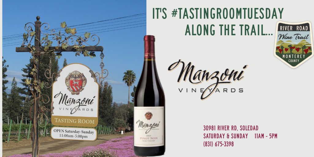 River Road Wines (@riverroadwines) on Twitter photo It's #TastingRoomTuesday along the trail. Come on out every Saturday and Sunday to Manzoni Vineyards for some delicious wines and relaxation in Soledad! They'll be happy to have you stop on by...
#riverroadwinetrail <a href="/ManzoniVineyard/">Manzoni Vineyards</a> #CaliforniaWine #SeeMonterey #MontereyWine It's #TastingRoomTuesday along the trail. Come on out every Saturday and Sunday to Manzoni Vineyards for some delicious wines and relaxation in Soledad! They'll be happy to have you stop on by...
#riverroadwinetrail <a href="/ManzoniVineyard/">Manzoni Vineyards</a> #CaliforniaWine #SeeMonterey #MontereyWine