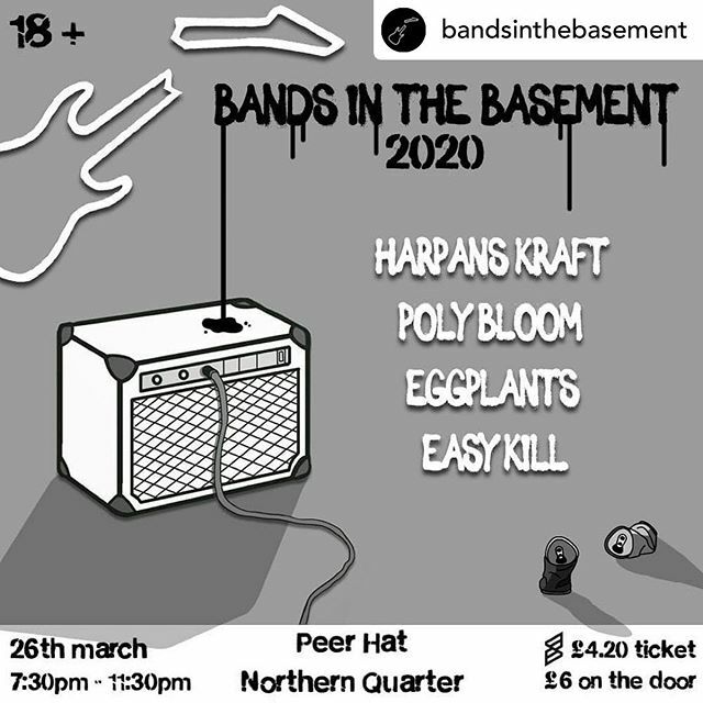 @bandsinthebasement B.I.T.B!! Peer Hat Manchester 26th March! Raising money for @msoa_3ddesign 's degree show! Tickets on Skiddle! Link in Bio!! 🎸🎸🎸