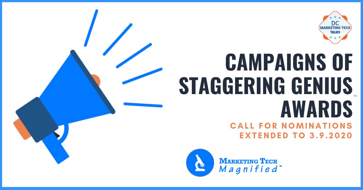 Got a brand or omni-channel campaign that crushed it, #DCTech? Nominate it now. But hurry, all nominations due by 3/9 with no more extensions! 

martechmagnified.com/genius-campaig…

#Marketing #GrowthMarketing #B2B