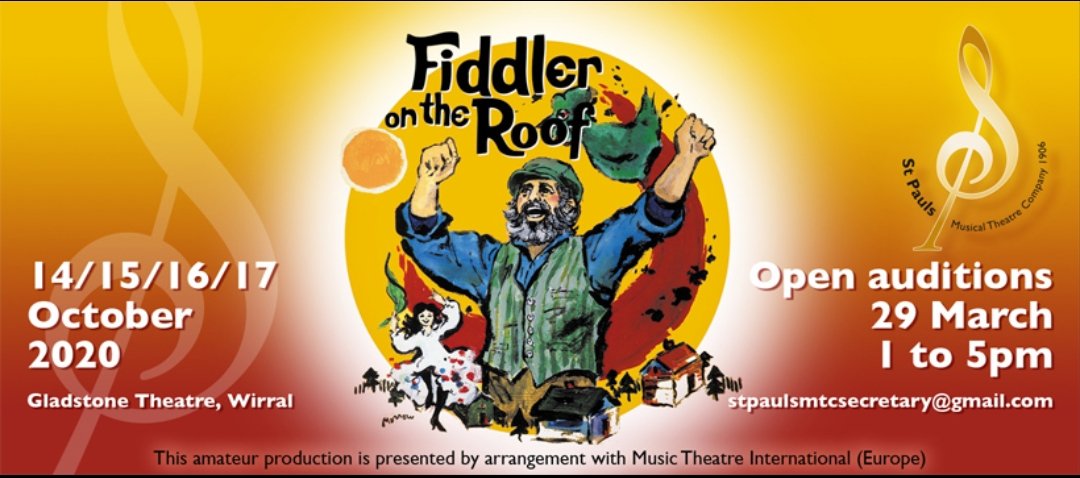 StPaulsOS's tweet photo. Open auditions for FIDDLER ON THE ROOF to be held on Sun 29th Mar 2020, 1-5pm, Grosvenor Annexe, Grosvenor Rd, CH44 1AQ. As well as principal roles we'll be needing Mammas, Pappas, Daughters and Sons to complete our ensemble. Email stpaulsmtcsecretary@gmail.com #RT https://t.co/C03SIwZWoH