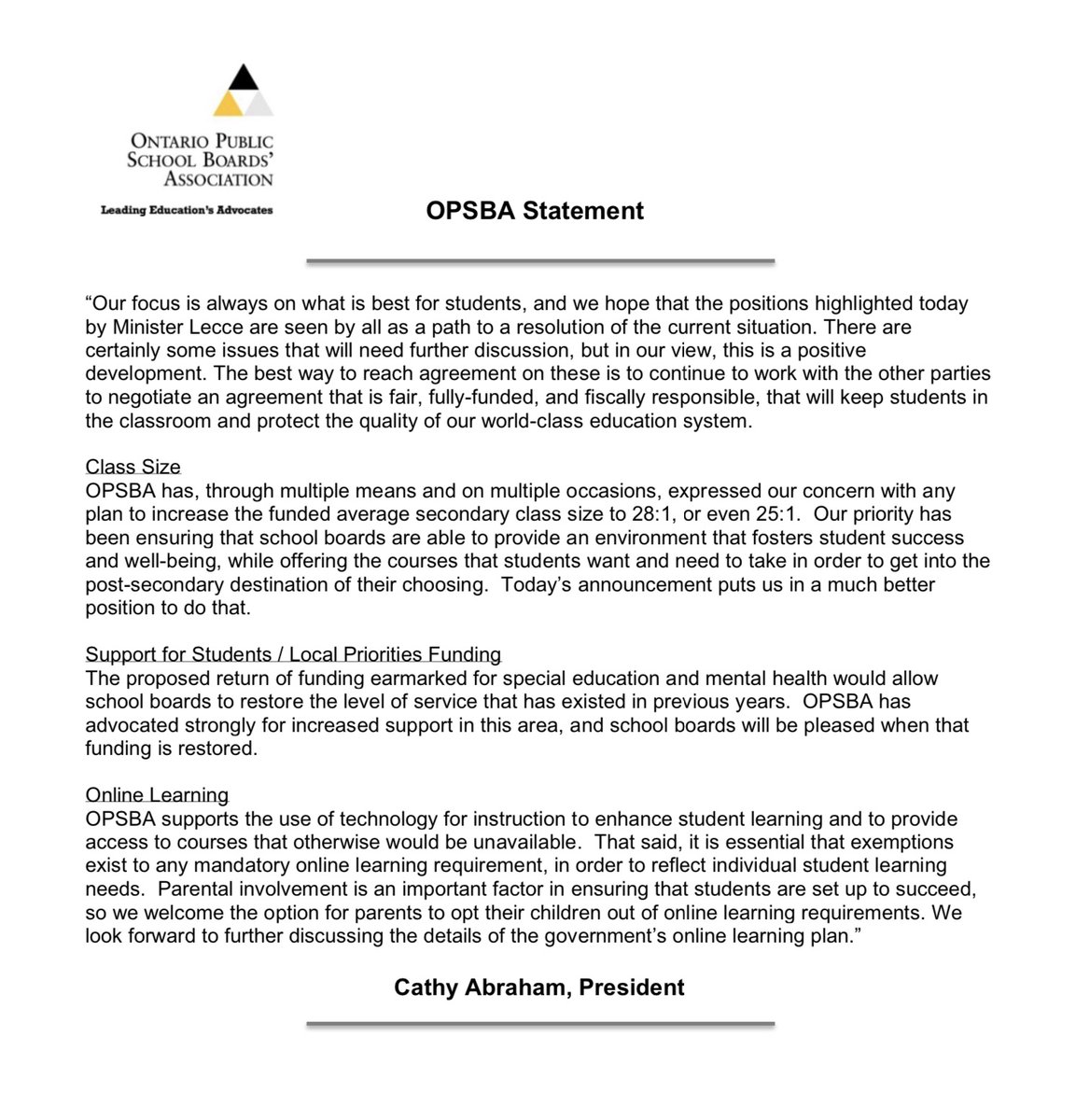 OPSBA's tweet photo. Our statement on today's announcements from @Sflecce. #onted #opsbastatements https://t.co/x7tBTsBtq2
