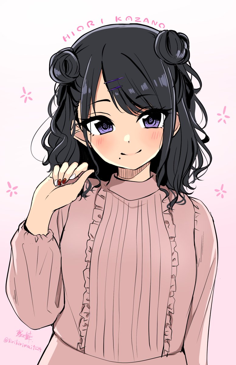 kazano hiori 1girl solo mole under mouth mole black hair double bun hair bun  illustration images