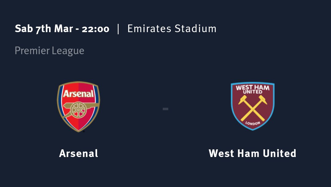 Pertandingan Selanjutnya :
 MATCHDAY !
 <a href="/Arsenal/">Arsenal</a> 🆚 <a href="/WestHam/">West Ham United</a>
🏆 <a href="/premierleague/">Premier League</a>
🏟️ Emirates Stadium
📅 Sabtu, 07 Maret 2020
🕑 22.00 WIB
📺 Live <a href="/TVRINasional/">TVRI Nasional</a>
 #COYG🔴