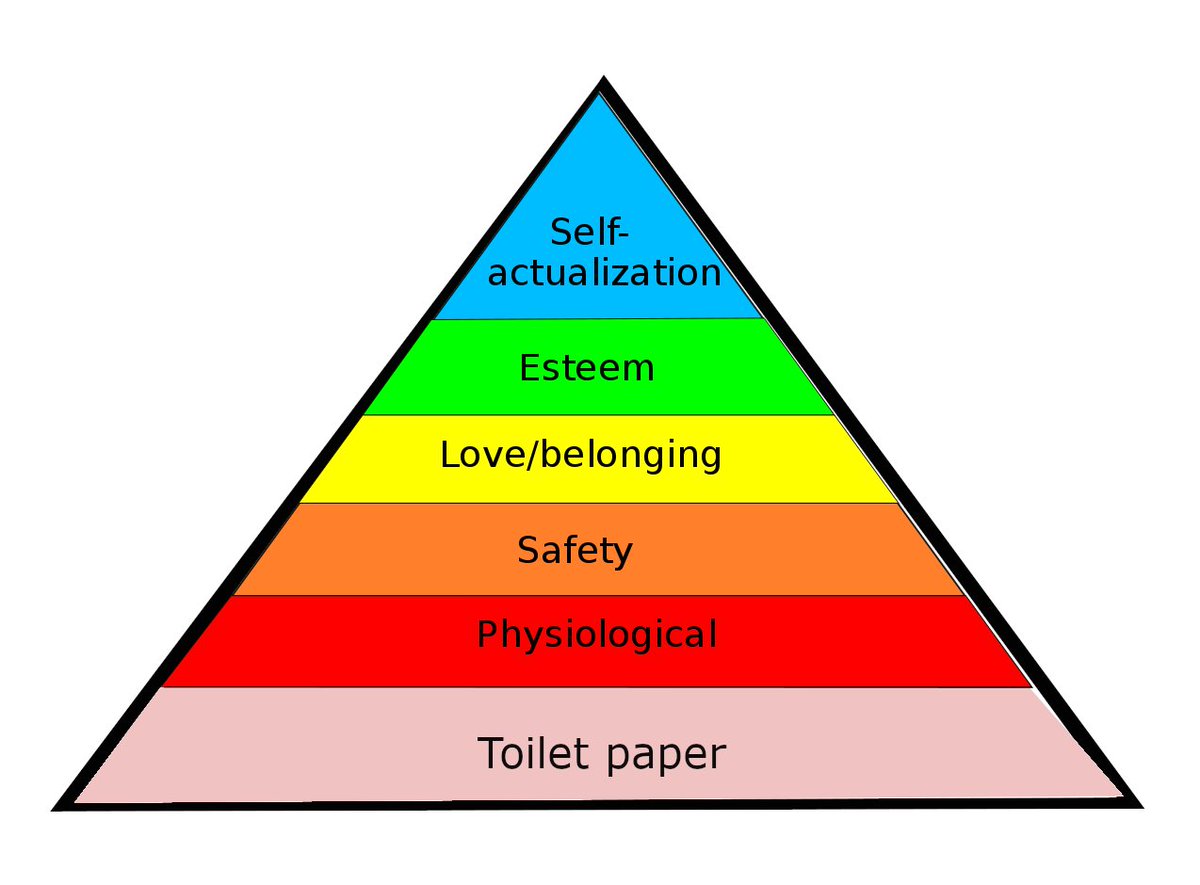 TwoEyeHead's tweet photo. "Maslow's New Hierarchy of Needs"
#toiletpapercrisis https://t.co/dHi2XmuAnK