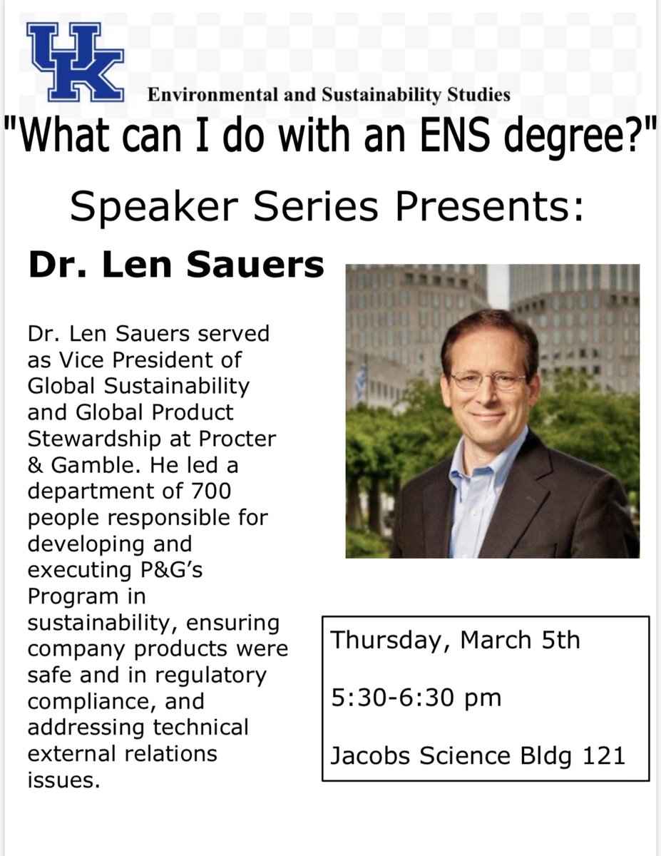 UkyENS's tweet photo. Join us this Thursday as we have Dr. Len Sauers, previously the VP of Global Sustainability and Global Product Stewardship at Procter &amp; Gamble! Dinner at Mellow Mushroom following! #speakerseries https://t.co/jsaJYeQ3Ya
