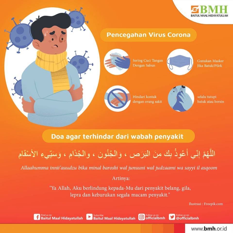 jangan lupa kita meminta pertolongan kepada Allh SWT dengan berdoa :
 .
Artinya :"Ya Allah, aku berlindung kepada-Mu dari penyakit kulit, gila, lepra, dan dari penyakit yang jelek lainnya).” (HR. Abu Daud, no. 1554; Ahmad, 3: 192)