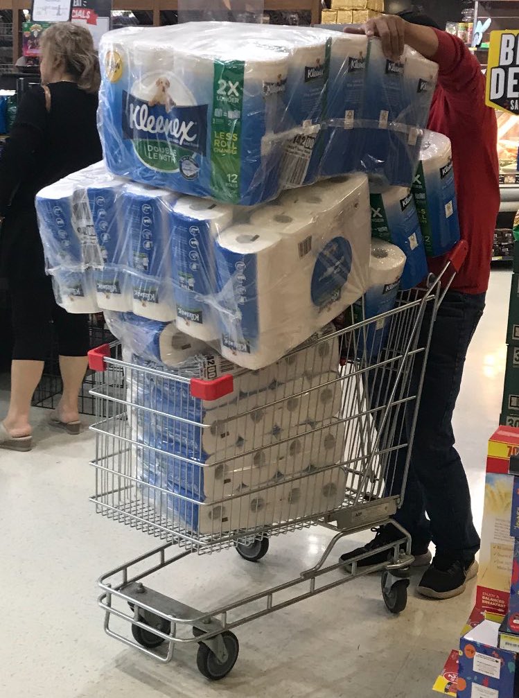 Look... don’t do this. 

You SHOULD have an emergency kit in your home, always. A gallon of water, 3-days worth of non-perishable food, moist towelettes and bags for sanitation. Get those things. 

Don’t clean an entire store out of things others need to use on a daily basis.