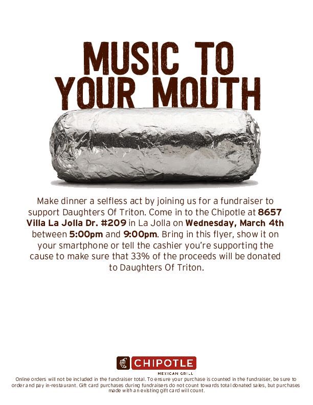 Craving some Chipotle? 🌯 Well, GOOD NEWS‼️ Tomorrow, you can support us while enjoying some delicious burritos/bowls!! Just go to the Chipotle in La Jolla Village Square between 5pm and 9pm and show the cashier this flyer! 😋🍴 See you there! 🤗 <a href="/ChipotleTweets/">Chipotle</a> #fundraiser