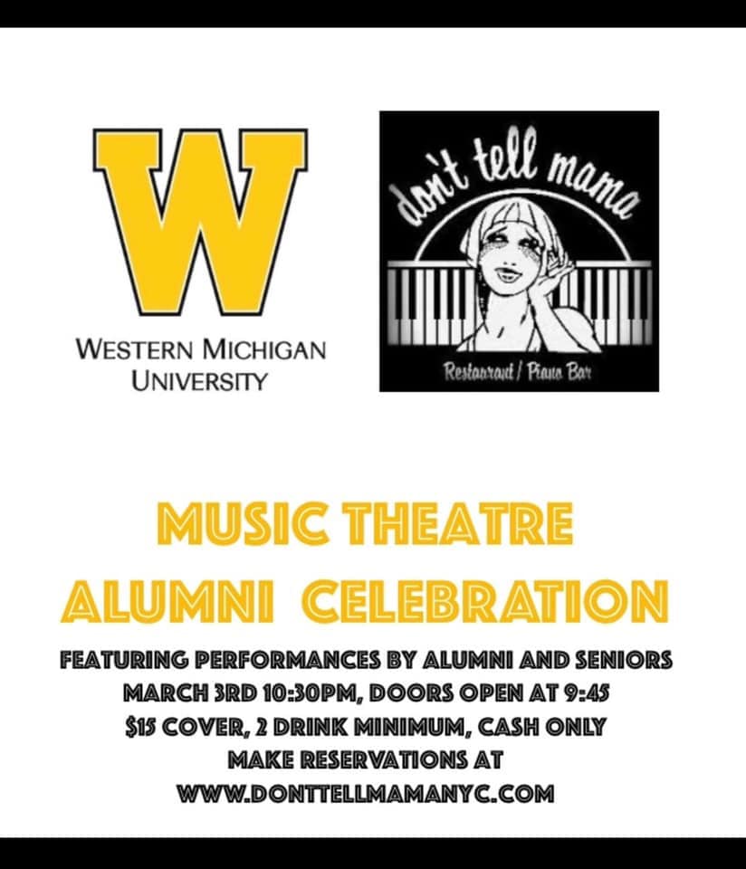 Join us tonight, Tuesday, March 3 at 10:30PM for Western Michigan University Music Theatre Alumni Celebration ft Tiffany Frances, Pat Connaghan, Blake Price, Brian Martin, Mallory King, Brittanie Varrow, Lexie Plath + MORE!! For Reservations &amp; More Info: bit.ly/38mPeLr