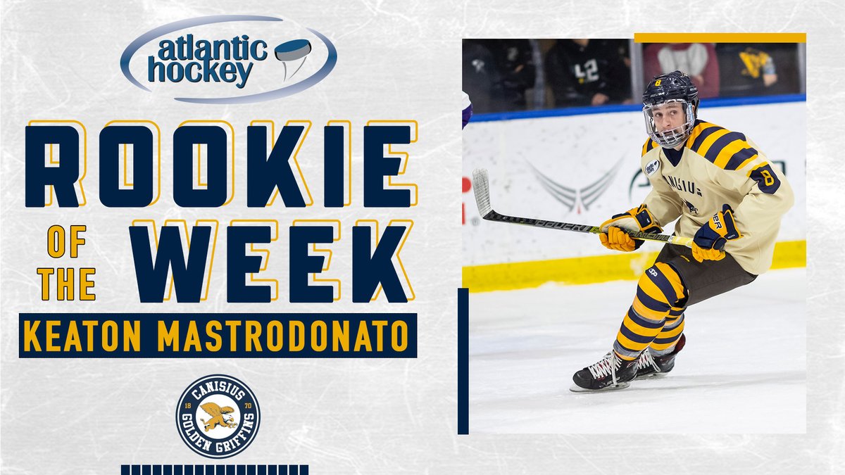 GriffsHockey's tweet photo. Congratulations to freshman forward Keaton Mastrodonato on being named the @Atlantic_Hockey Rookie of the Week! 

Mastrodonato tallied two goals and an assist in helping guide Canisius to a sweep of Mercyhurst last weekend

#Griffs https://t.co/FGlS6LvTUt
