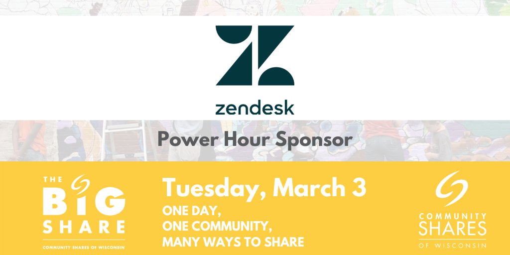 CommSharesWI's tweet photo. POWER HOUR: From 5-6PM on Tuesday, March 3, @Zendesk is sponsoring a Power Hour where nonprofits that raise the most dollars and have the most donors can each win an additional cash prize.

Donate during the Power Hour at https://t.co/Gqr2C0Mg2B

#CSWBigShare https://t.co/xYzUGY7eX8