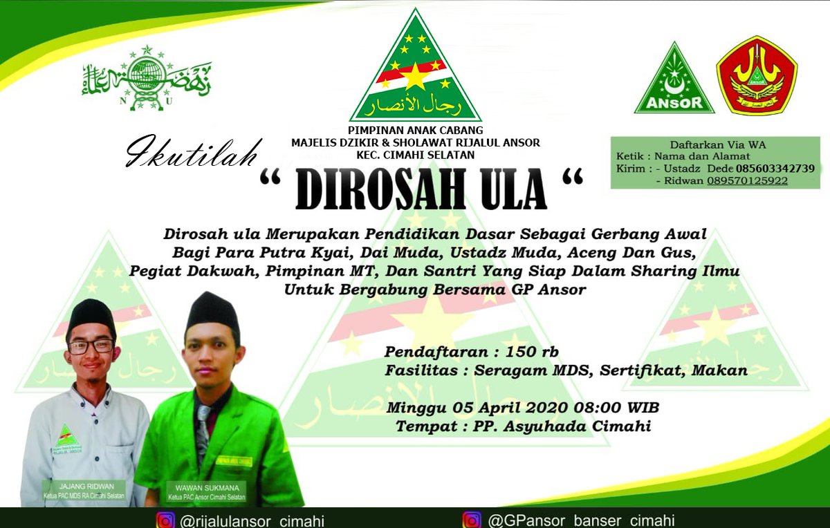 Bismillah, nawaitulillah
Utk sahabat² yg mau berkhidmat di NU, kami melalui GP Ansor siap mewadahi sahabat² semua
Catat waktu &amp; tanggalnya
More info, hub kontak yg tertera
#gpansor #banser #mdsrijalulansor