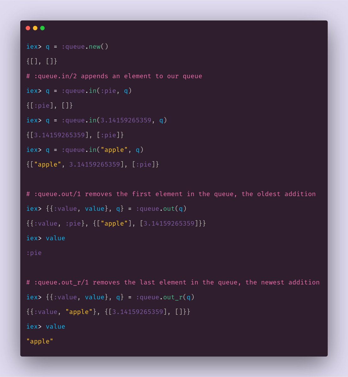 elixirschool's tweet image. Did you know Erlang has a FIFO (first in, first out) queue datatype builtin?
erlang.org/doc/man/queue.…
So why a queue and not a list? Queues are double-ended! 
#learnelixir #elixirlang #myelixirstatus #openeducation