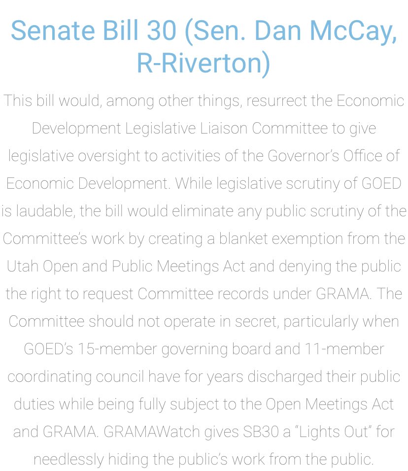 Senate Bill 30 (Sen. Dan McCay, R-Riverton)

This bill eliminates any public scrutiny of Economic Development Legislative Liaison Committee’s work by creating a blanket exception from Utah’s Sunshine Laws

Senate Bill 30 gets a lights out from Grama Watch

gramawatch.com