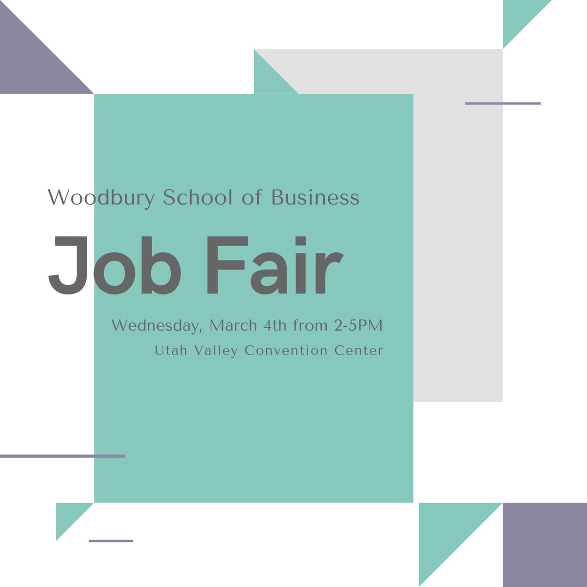gogreenuvu's tweet photo. Trying to find a new or better job? Head to the Woodbury School of Business Job Fair on Wednesday, March 5th from 2-5PM at the Utah Valley Convention Center. Make sure to dress professionally and bring multiple copies of your resume, you may just be interviewed on the spot! https://t.co/Jv1e13oukZ