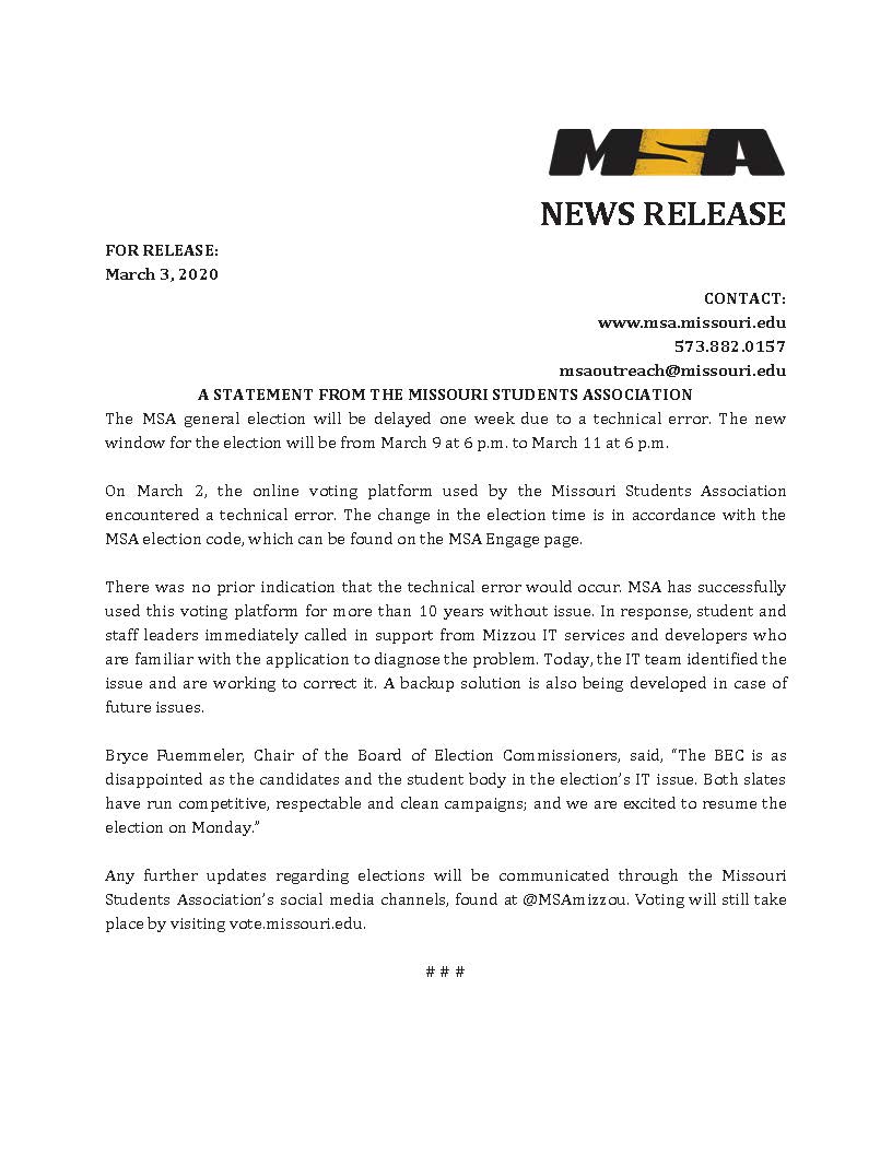 ELECTION UPDATE: The MSA general election has been moved back one week from its initial start date due to a technical error with the voting system. Please refer to the attached statement for further details. <a href="/MSA_Senate/">MSA Senate</a>