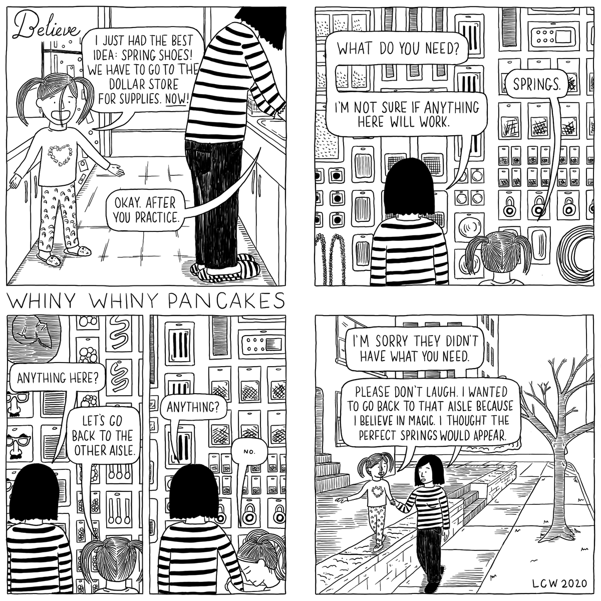 After this we tried going to a car-parts store for springs, but it was just too expensive. I hope we can figure out something else! Do you have any tips?

#whinywhinypancakes #webcomic #springshoes