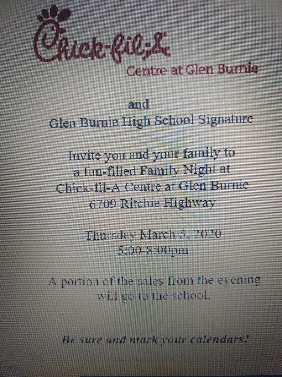GBHS_Signature's tweet photo. Join us Thursday night (3/5) for a Chick-fil-a Spirit night at the Chick Fil A at the Centre at Glen Burnie! Print out this ad or pick one up from @MrsRattiGBHS! @GBHSaacps @RotaryGB @GopherLang @Interact_GBHS #supportstudents https://t.co/A7p8egCQ2l