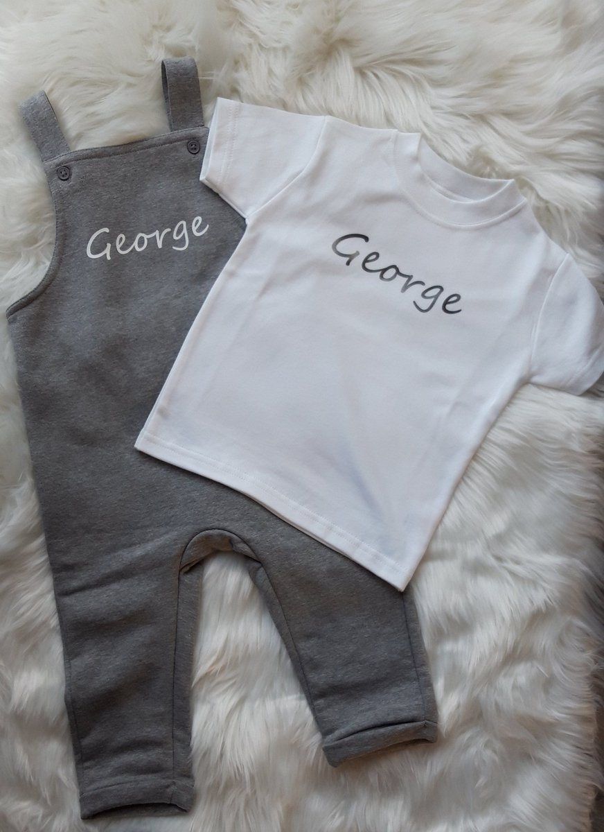 Kids personalised dungarees. These are super soft and comfy and very practical for a very busy little one. They look great teamed up with matching personalised tshirt. Available in choice of colours and print colours. Please visit our website for more details. #evelynandrachels