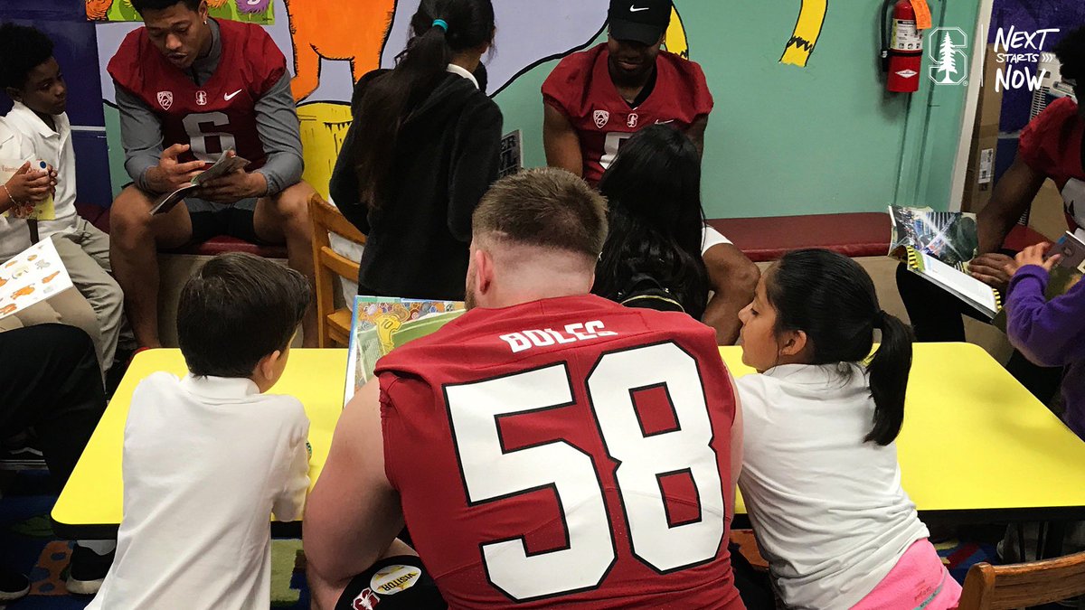 StanfordFball's tweet photo. Out in the community again today for #ReadAcrossAmericaWeek! 

Over the last two days, our guys got to spend time reading with over 600 students in Palo Alto, East Palo Alto and the surrounding community.

#GoStanford https://t.co/PoWE5xbeLV