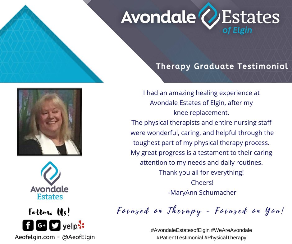 Aeofelgin's tweet photo. Meet MaryAnn Schumacher! She did therapy with us after her knee replacement. Here is her positive testimonial! Call us, we are here to help! (847) 531- 6004
#AvondaleEstatesofElgin #WeAreAvondale #PhysicalTherapy #TherapyGraduate #FocusedOnYou
https://t.co/bhj5NlTHuT @Aeofelgin https://t.co/M32OMMZx72