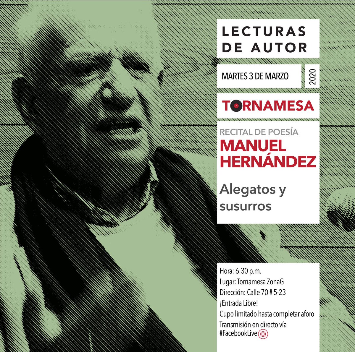 LaTornamesa's tweet photo. Conéctate ya a la transmisión en directo vía #FacebookLive desde Tornamesa #ZonaG del recital del poeta Manuel Hernadez dentro de la serie #LecturasDeAutor
TORNAMESA #MásQueLibros
#CulturaEnMovimiento https://t.co/WcfzPm4QAQ