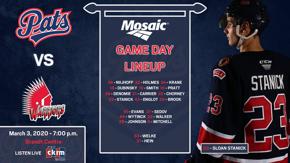 Tonight's <a href="/mosaicincanada/">Mosaic-Canada</a> lineup at home to the Moose Jaw Warriors!

Spencer Welke will get his first <a href="/TheWHL/">Western Hockey League</a> start!

#JoinTheRegiment