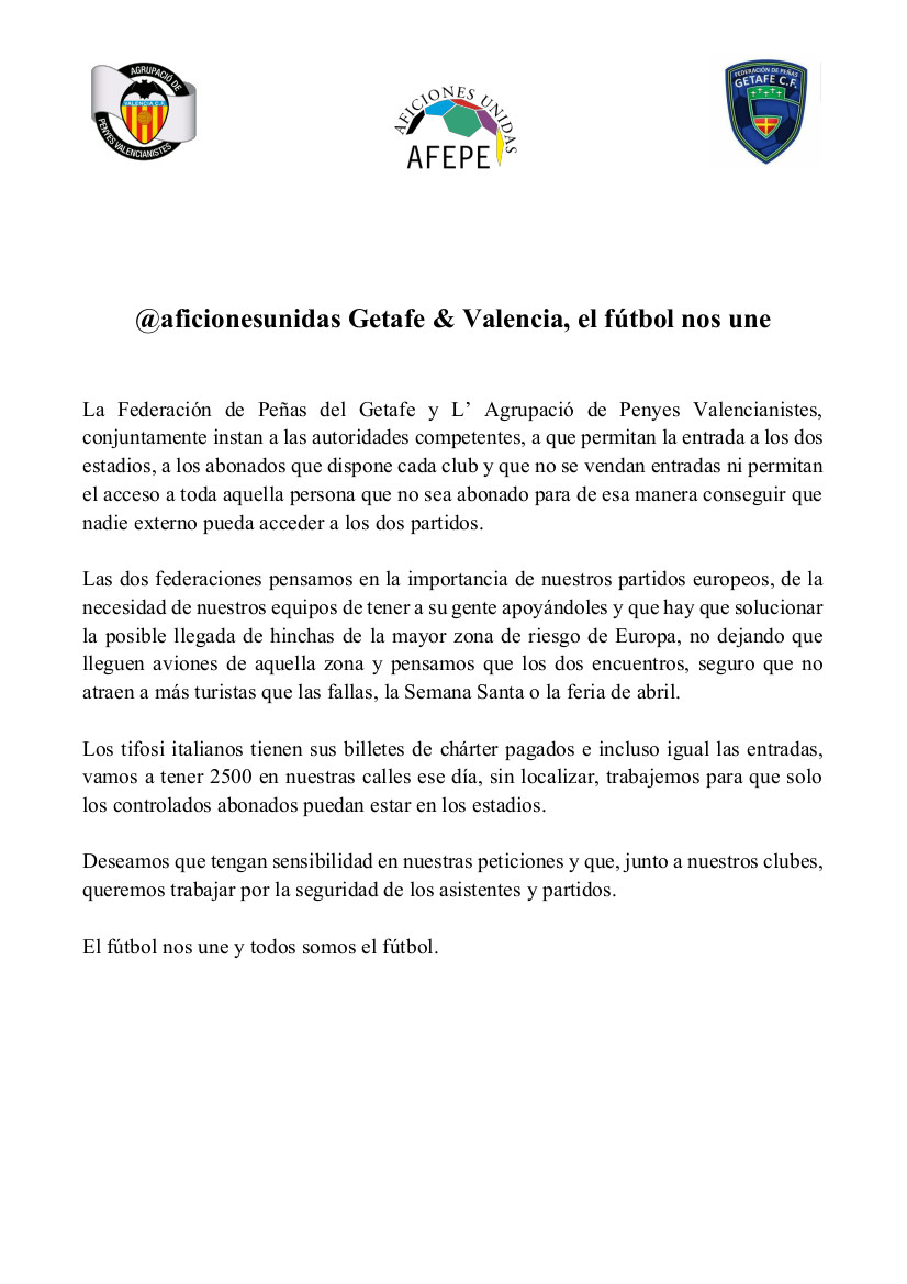 APValencianiste's tweet photo. COMUNICADO
@aficionesunidas Getafe &amp; Valencia, el fútbol nos une https://t.co/bQOQ8mlIdf